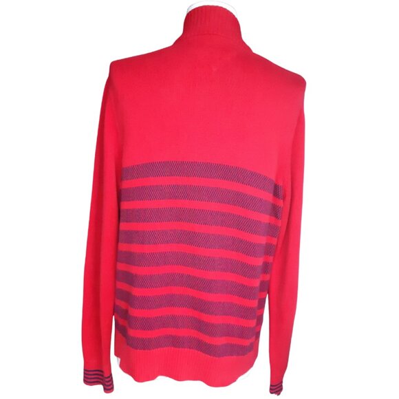 Tommy Hilfiger SZ L Red Full Zip Cotton Mock Turtleneck Cardigan w/ Navy Stripes - Picture 4 of 16